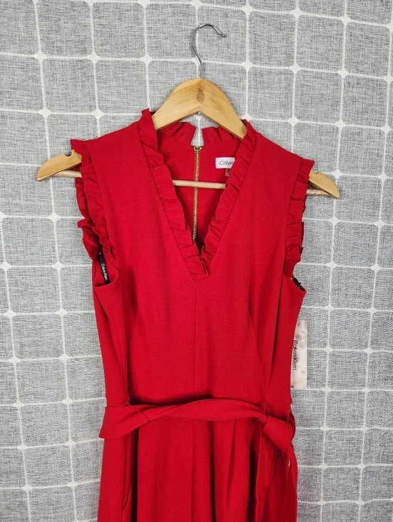 Calvin Klein Sleeveless Red Wide-Leg Jumpsuit with Waist Tie - Picture 4 of 8